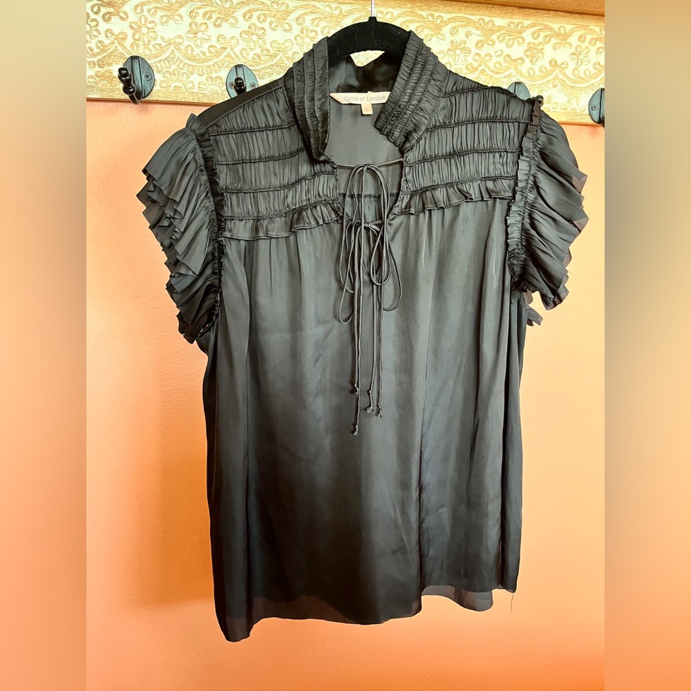 Cotes of London Black Silk Ruffled Short-Sleeve Blouse